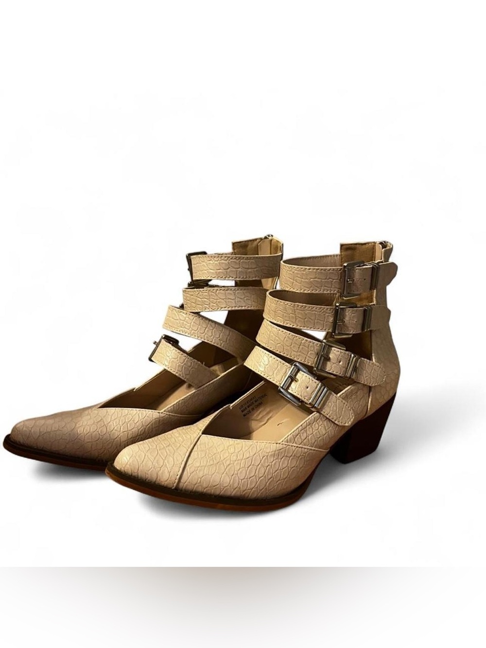 Strappy Buckled Pointed Toe Ankle Booties in Beige